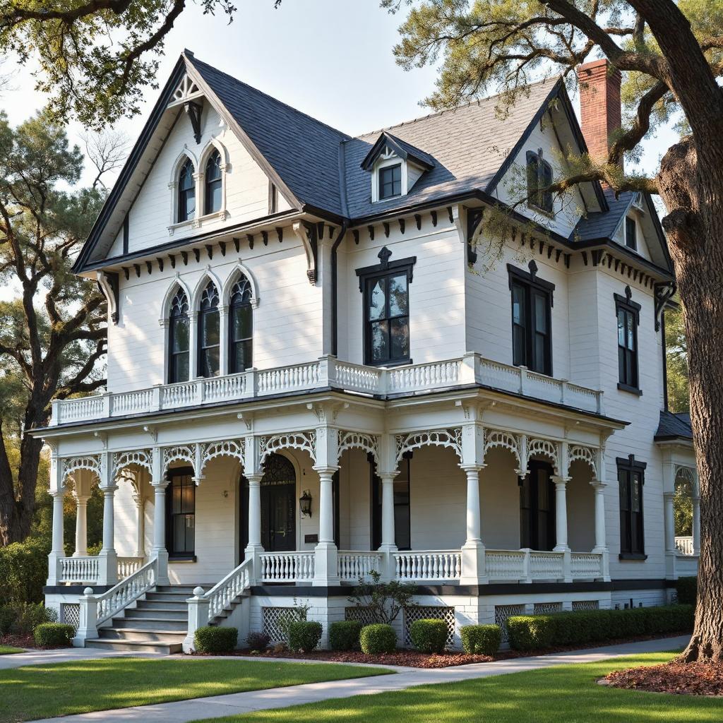 White Victorian Gothic Revival house with ornate gables, wraparound porch, and decorative trim surrounded by trees