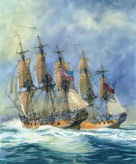 Painting of two historic tall ship warships with sails and flags on rough seas