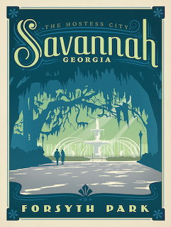Vintage travel poster showing tree-lined path in Forsyth Park, Savannah with Spanish moss and people walking