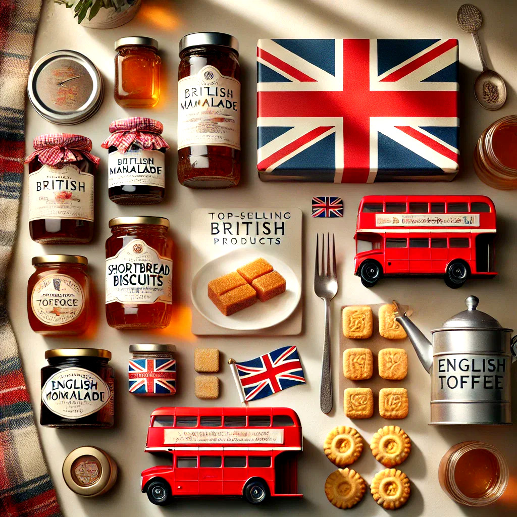 Flat lay of British food products, toy buses, and Union Jack flags on wood table