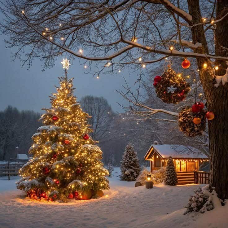 Snowy Christmas Cabin Scene