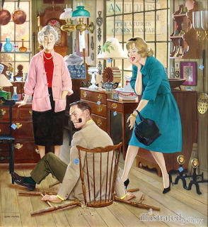 Vintage illustration of three people in an antique shop examining items, with shelves of collectibles and a large window