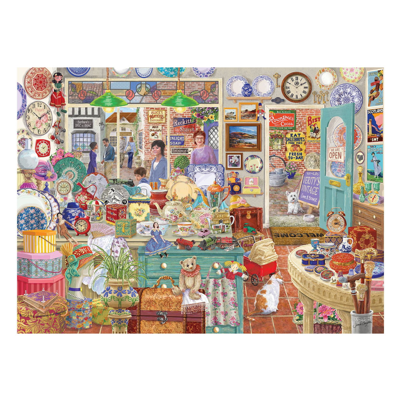 Busy vintage haberdashery shop interior with customers, colorful fabric bolts, sewing supplies and traditional store fixtures