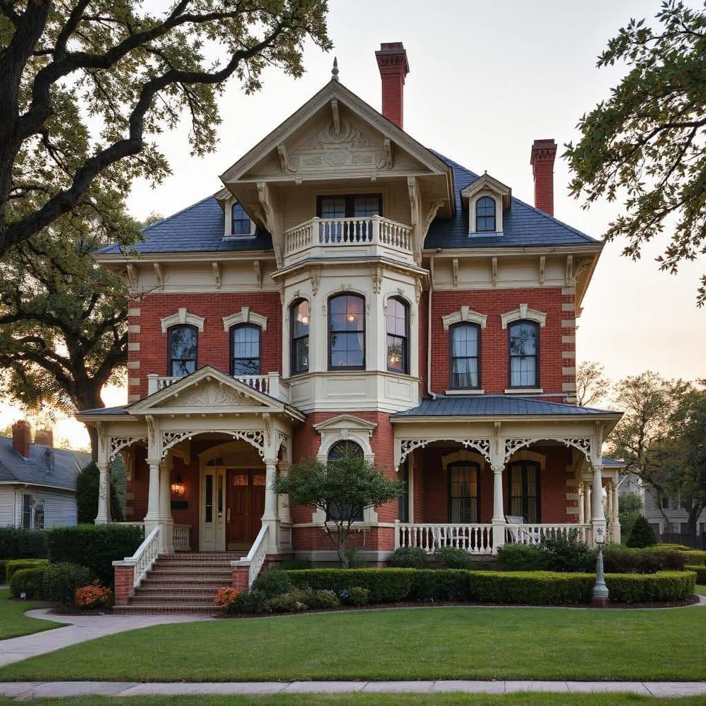Three-story Victorian brick house with white decorative trim, wraparound porch, and turret under oak trees