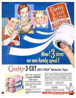 Retro magazine advertisement for Curity adhesive tape featuring smiling family and product boxes on blue background