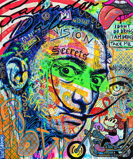 Colorful pop art portrait of Salvador Dalí with graffiti elements and surreal symbols
