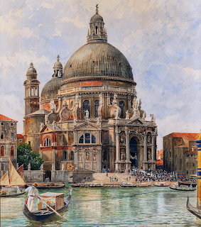 Painting of Santa Maria della Salute basilica in Venice with gondolas on the canal