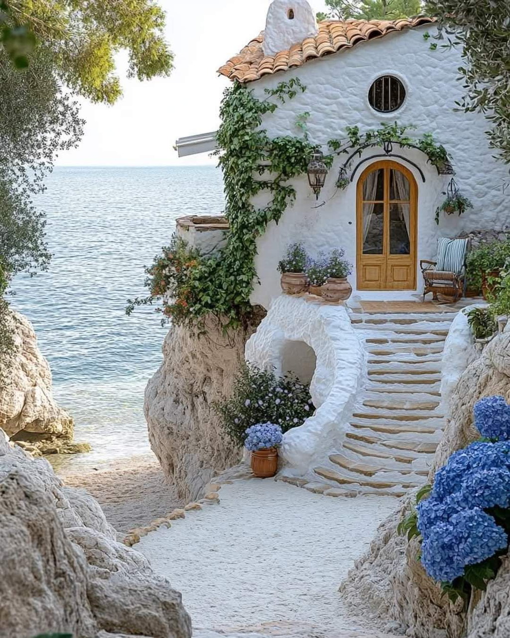 White seaside cottage with curved steps, ivy, rocky cliffs, and blue hydrangeas by the water