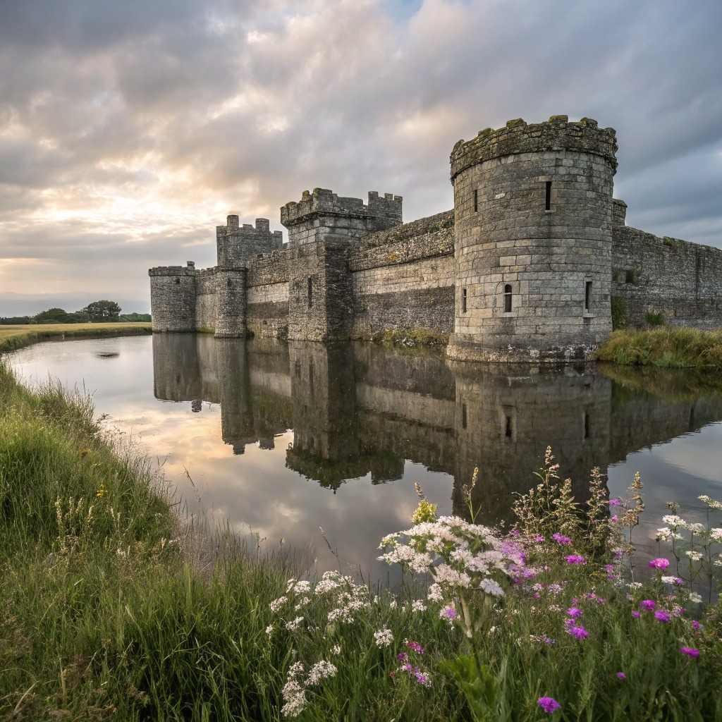 Beaumaris Castle beside a reflective moat with wildflowers and a cloudy sky