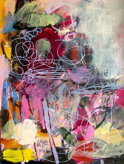 Colorful abstract painting with layered brushstrokes, circular motifs, and energetic white linear elements