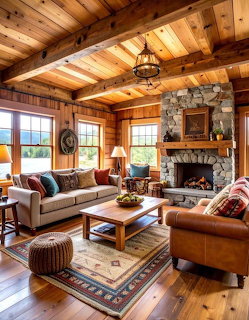 Rustic cabin living room with wood beams, stone fireplace, sofas, and a coffee table