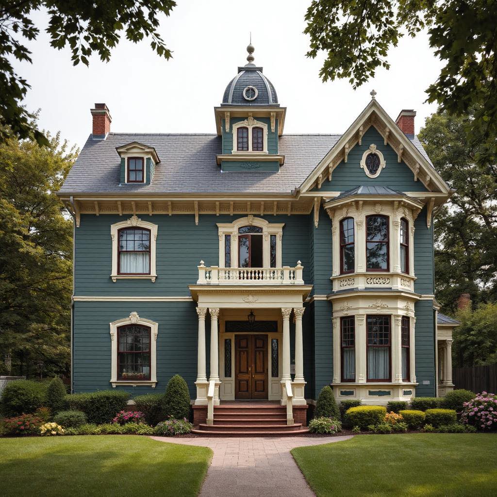 Green Victorian mansion with tower and wraparound porch on manicured lawn