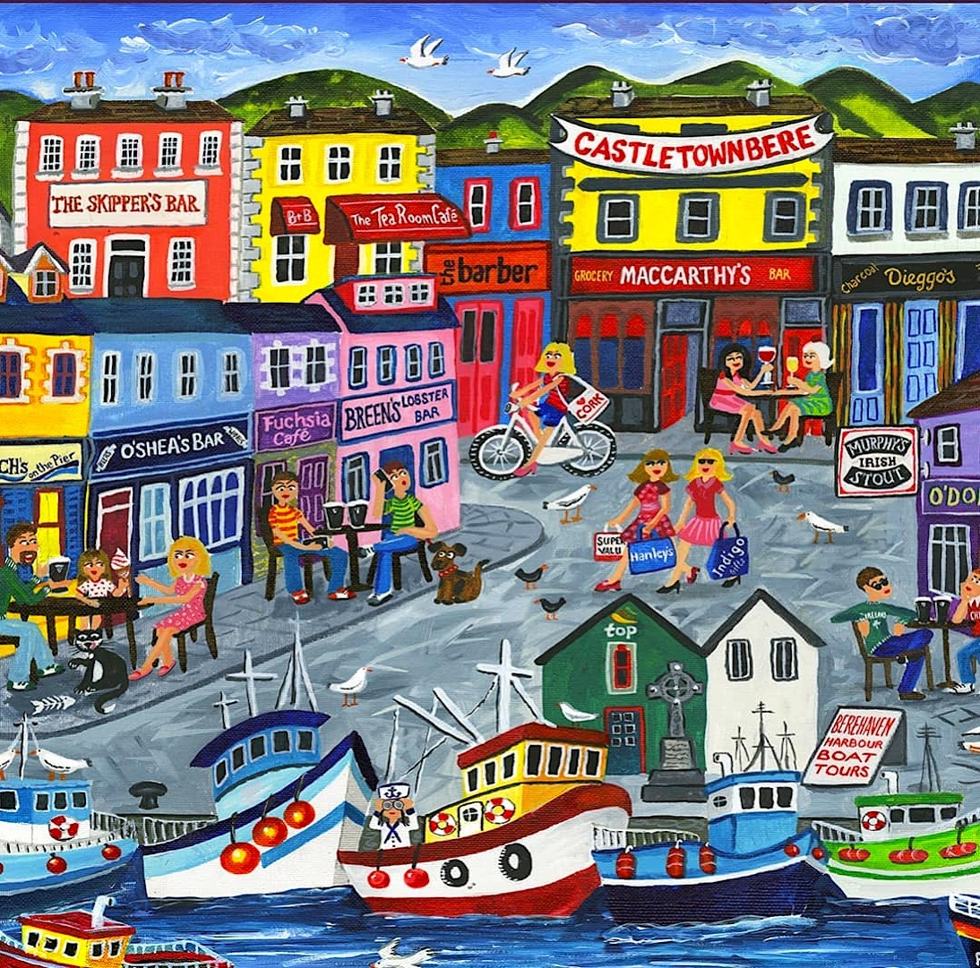 Folk art painting of colorful Irish village buildings, harbor with boats, and people on bicycles