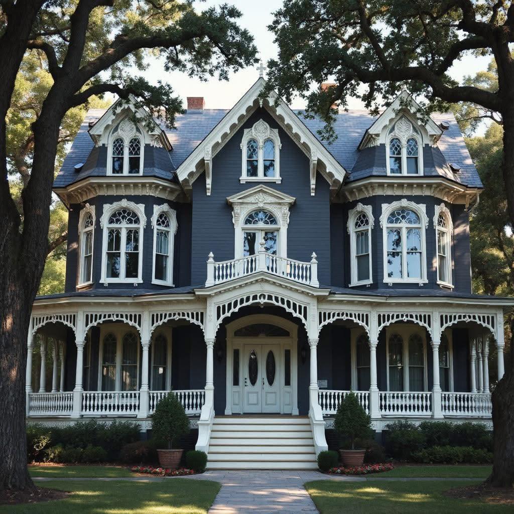Blue Victorian mansion with white decorative trim and wraparound porch surrounded by large trees
