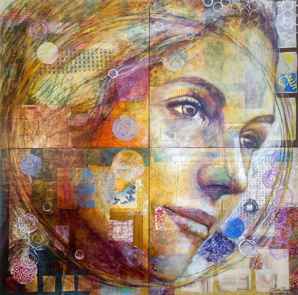 Mixed media portrait of woman with golden hair and layered abstract patterns and textures