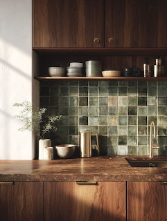 Modern kitchen with green tile backsplash, walnut cabinets, marble countertop, brass kettle and faucet