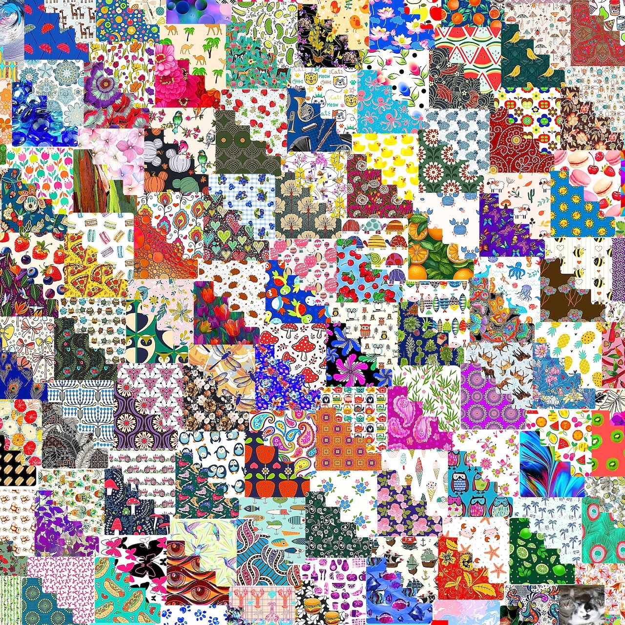 Colorful patchwork quilt collage with diverse fabric patterns including florals, dots, and geometric designs