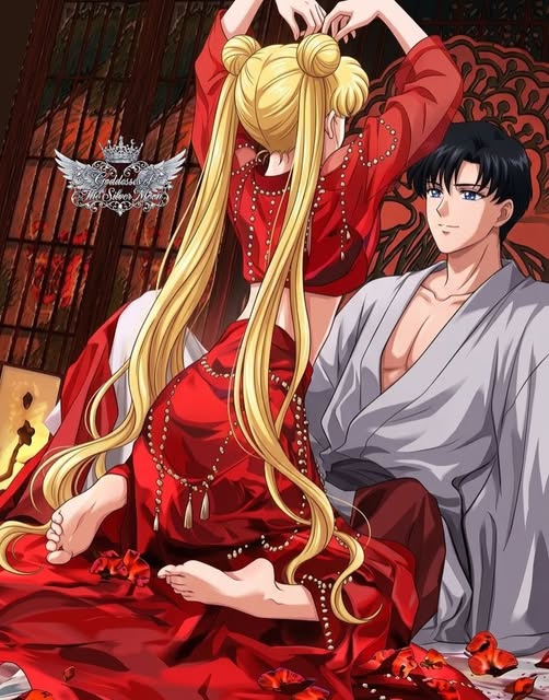 Anime couple in red and gray kimono with blonde and black hair against moonlit background