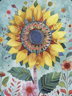 Stylized sunflower with colorful mandala center, green leaves, and small flowers on light blue background