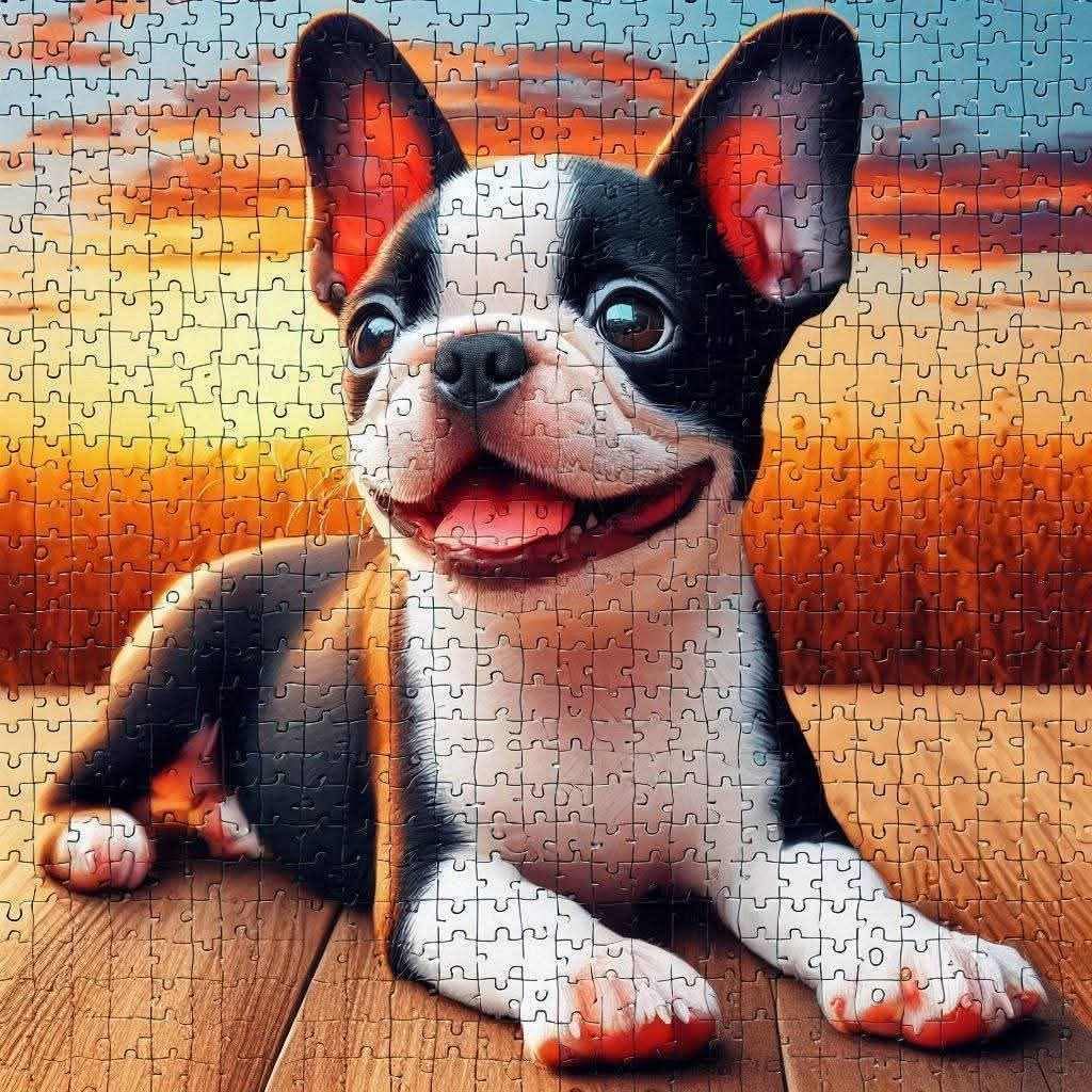 Illustrated Boston Terrier puppy resting on wood with a sunset sky in the background