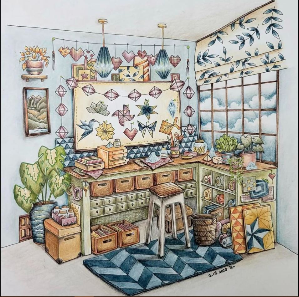 Illustration of a cozy craft studio with a worktable, drawers, stool, window, hanging ornaments, and plants