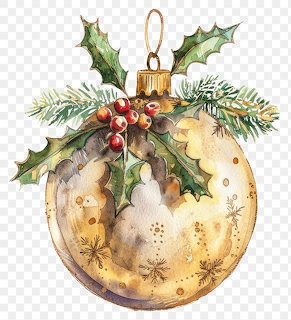 Watercolor gold Christmas ornament with holly leaves, red berries, and pine branches