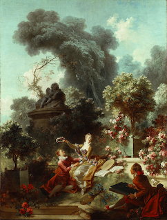 Rococo painting of a couple in a lush garden with the woman placing a wreath on her lover's head