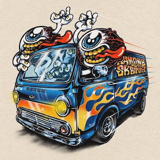 Cartoon-style blue custom van with flame paint and large eyes on top