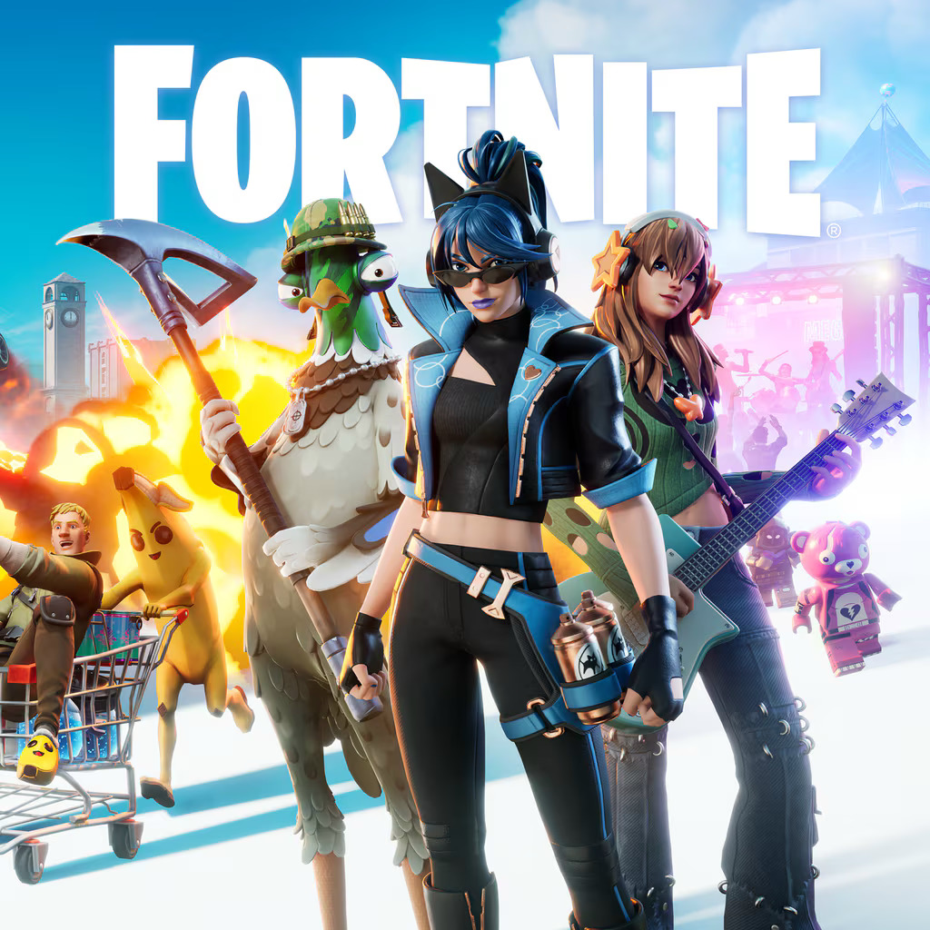 Fortnite artwork with three stylized characters standing in front of explosions and colorful action scenery