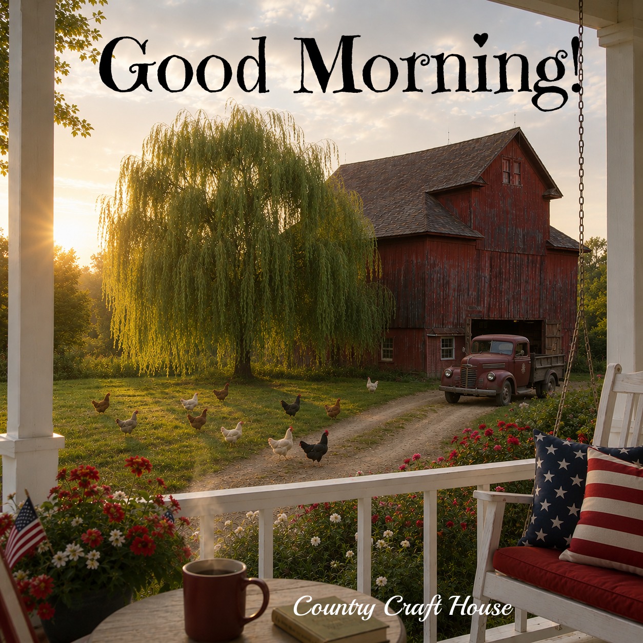 Red barn with old truck and weeping willow seen from white porch with flowers and American flag at sunrise