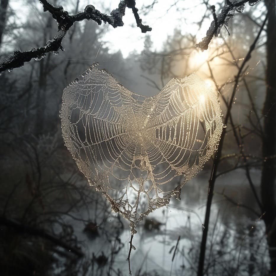 Dew-covered heart-shaped spiderweb glowing in misty forest sunlight