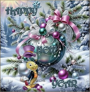 Jiminy Cricket with large ornamental ball, pink ribbon, pine branches and baubles in winter snow setting