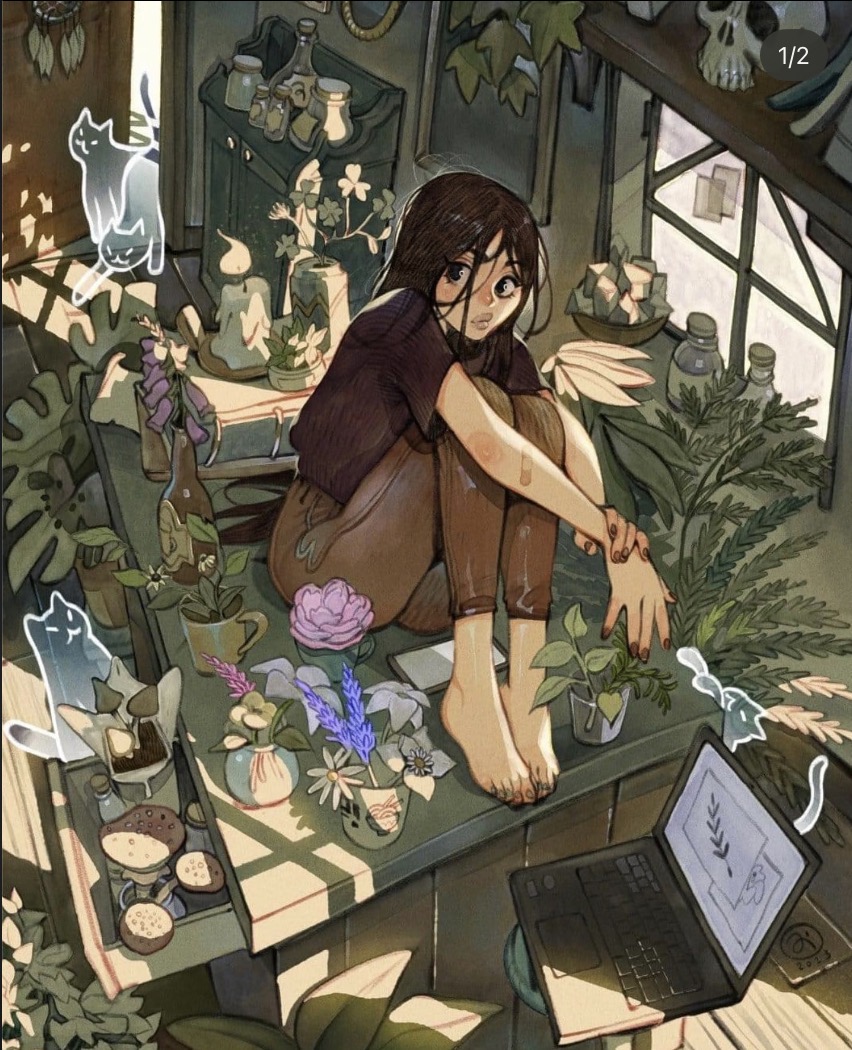 Anime girl sitting cross-legged among potted plants and glowing spirits in a greenhouse conservatory