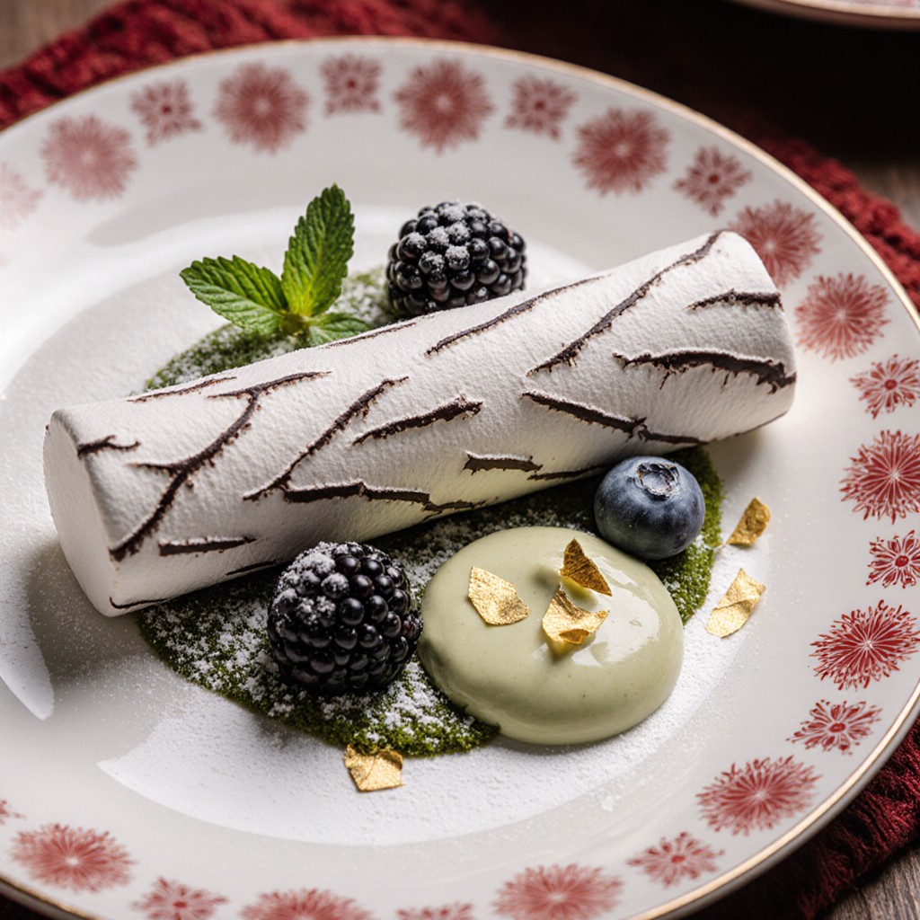White chocolate roll dessert with berries and mint on floral plate