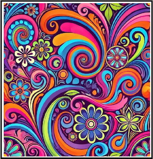 Colorful psychedelic illustration with swirling patterns and flowers in neon pink, blue, orange, and green