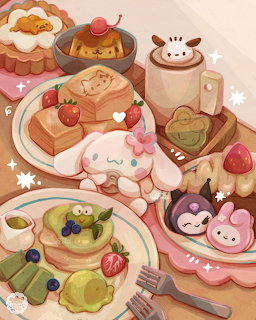 Kawaii illustration of cute character desserts, cakes, pastries and drinks on a pink table