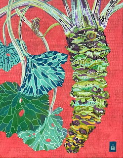 Illustration of a wasabi root with leafy stems on a red background
