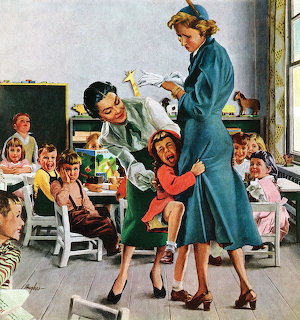Vintage illustration of a mother bringing a reluctant crying child into a classroom full of children