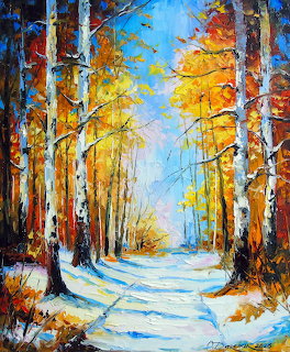 Impressionist painting of birch trees with autumn leaves and snow-covered path through forest