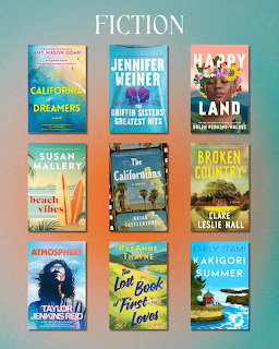 Grid of nine fiction book covers with beach and California themes under a Fiction heading