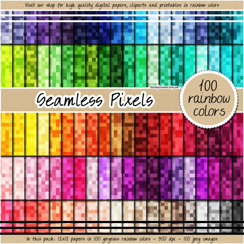 Colorful grid displaying 100 seamless pixel pattern swatches in rainbow spectrum arrangement