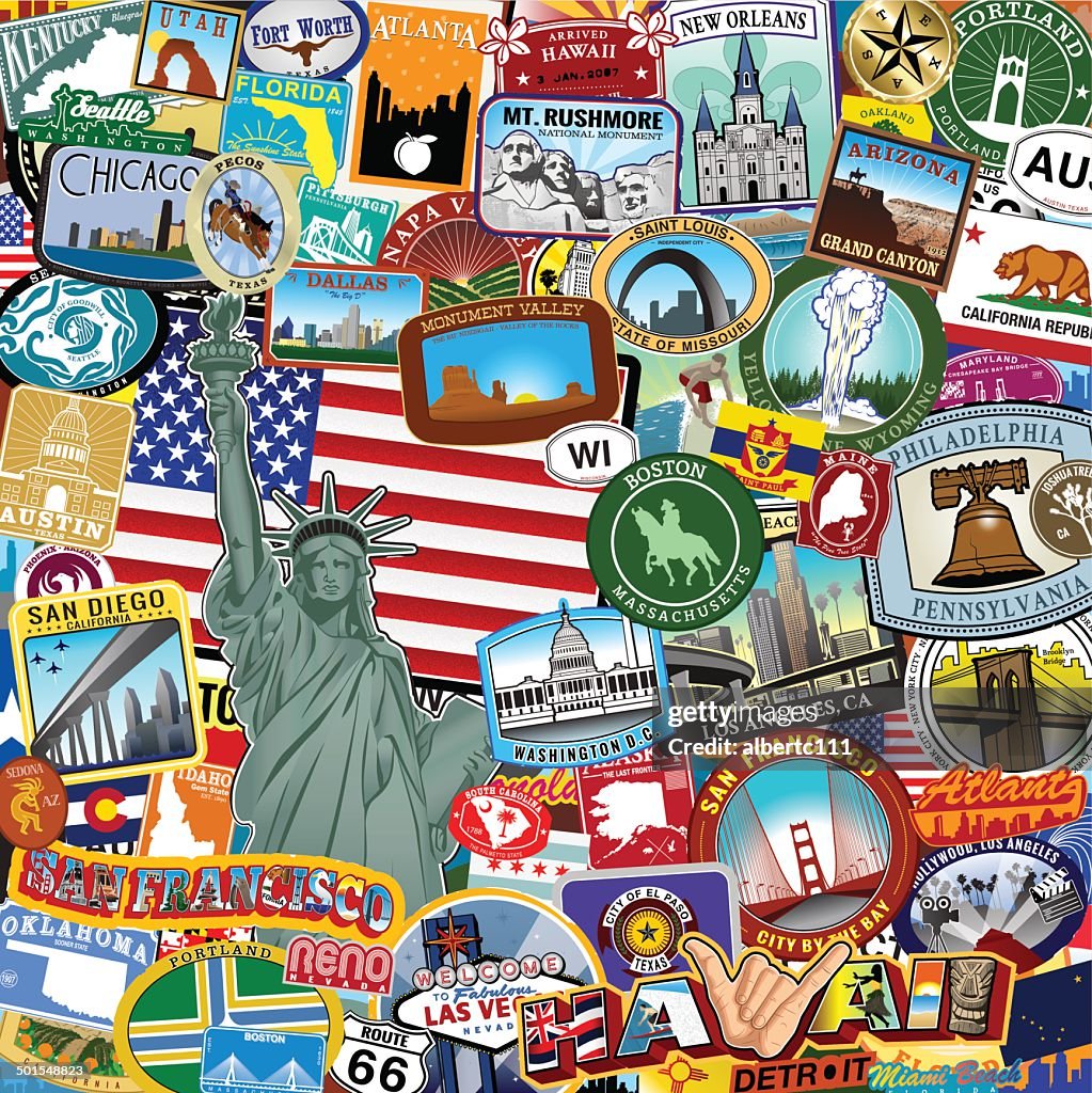 Colorful USA travel collage with state labels, landmarks, postcards, and retro souvenir stickers