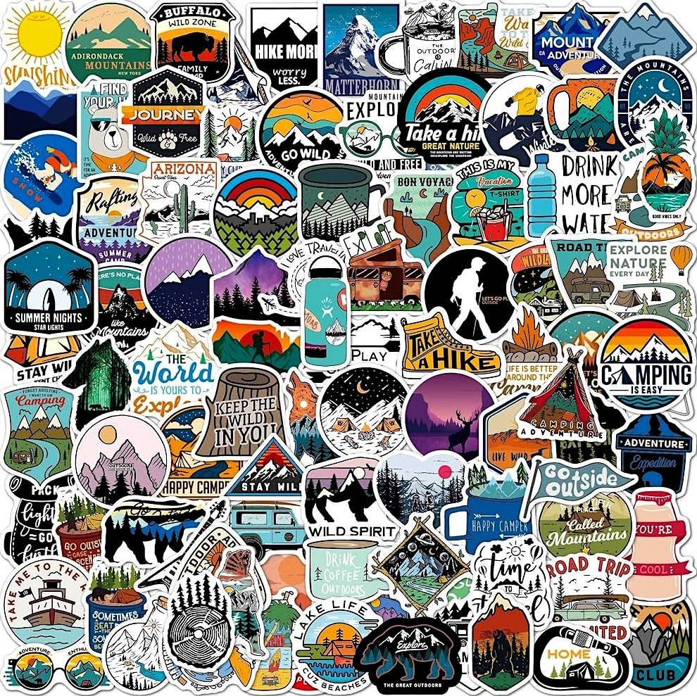 Colorful collage of outdoor adventure stickers featuring hiking, camping, mountains, and travel badges