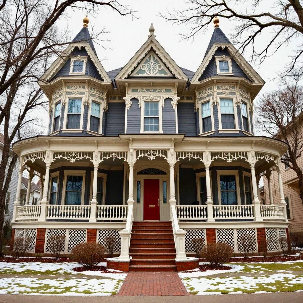 Large Victorian house with turrets, wraparound porch, ornate woodwork, and red door in winter setting