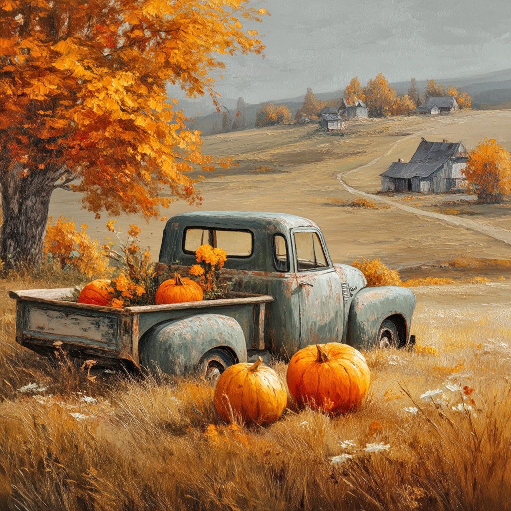 Painting of a vintage pickup truck with pumpkins in an autumn farm field with colorful fall foliage