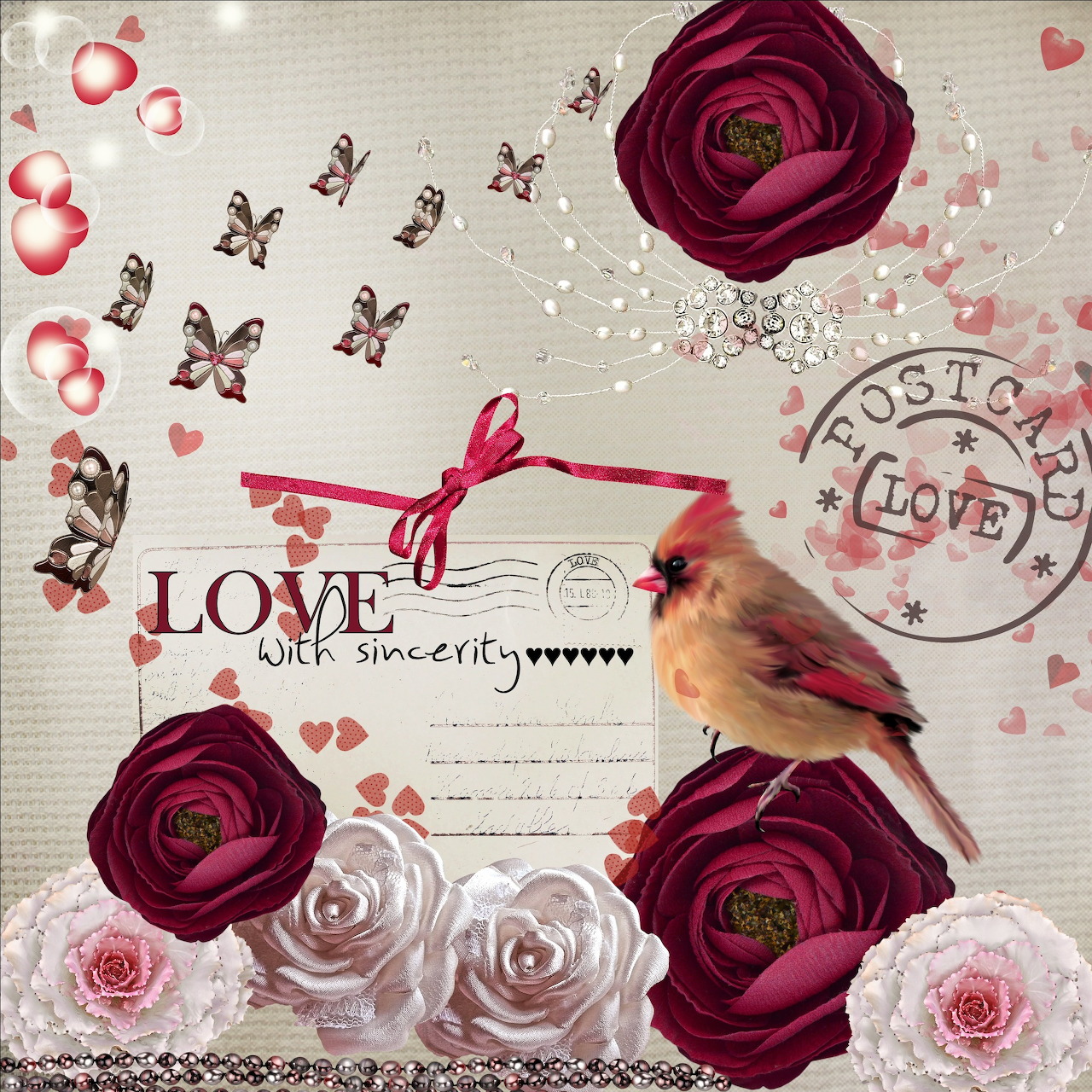 Vintage love collage with red roses, butterflies, hearts, postcard elements, and a small bird