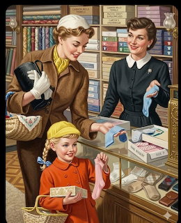 Vintage illustration of two women and a young girl shopping at a shoe store counter