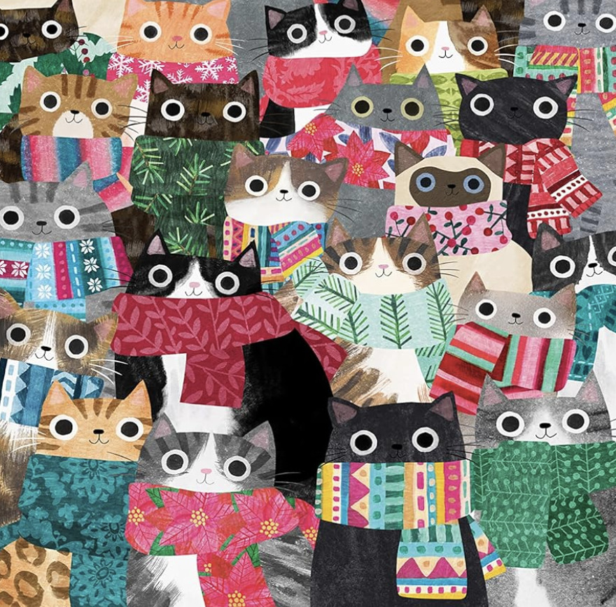 Collage of illustrated cats wearing colorful winter clothing and holiday sweaters in various patterns