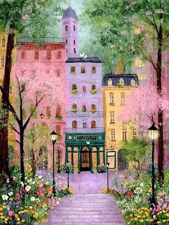 Painted town plaza with pastel buildings, pink blossom trees, flowers and street lamps