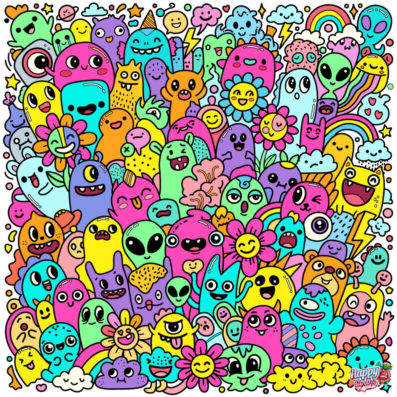 Densely packed collage of colorful cartoon monsters, aliens, flowers, and smiley faces in bright neon colors